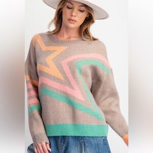 Easel Tan Sweater with Pink, Orange, and Green Accents